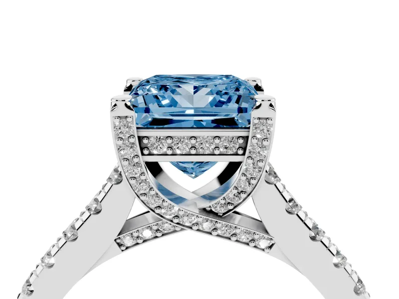 Princess Cut Hidden Halo Pave Engagement Ring Setting for a Fancy Blue Lab-Grown Diamond | Claw Prongs | Platinum