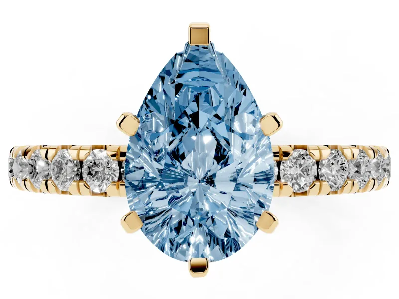 Fancy Blue Pear Cut Diamond Pavé Solitaire Ring Set in Yellow gold with Round Band and Prong Setting