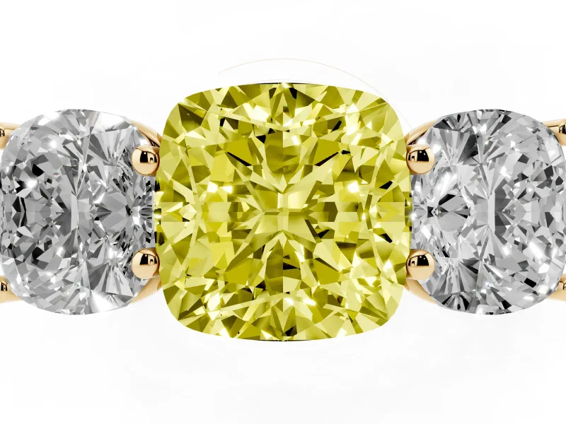 Cushion Cut Three Stone Engagement Ring Setting for a Fancy Yellow Lab-Grown Diamond | Basket Prong Heads | Yellow Gold