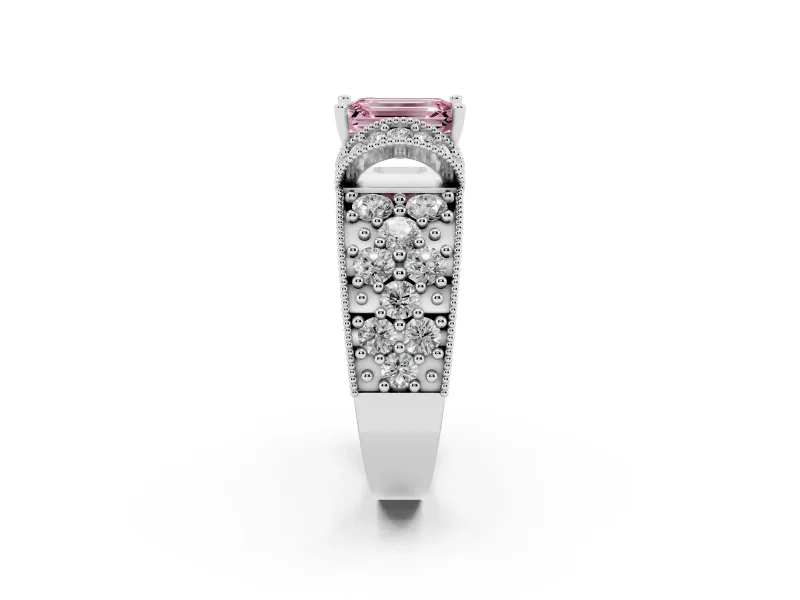 Emerald Cut Vintage Pave Engagement Ring Setting for a Fancy Pink Lab-Grown Diamond | Milgrain Edges | Sterling Silver