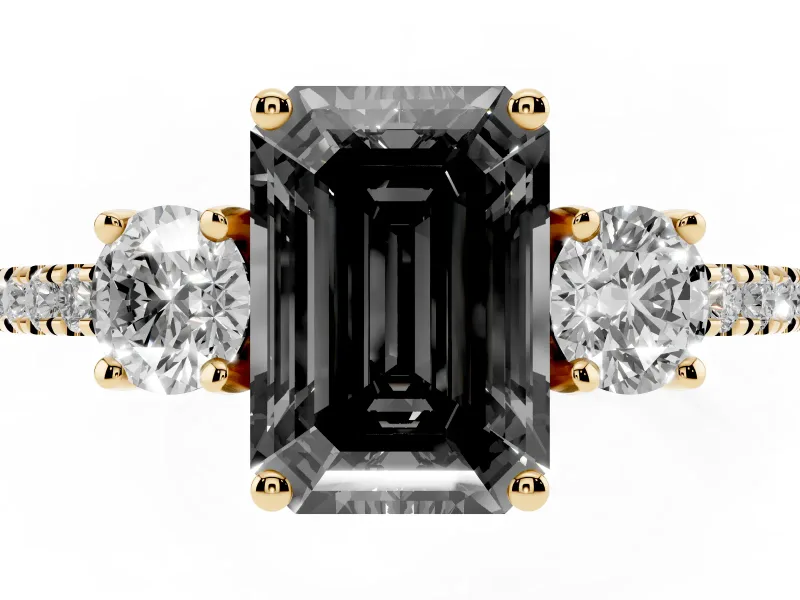 Emerald Cut Three Stone Engagement Ring Setting for a Black Center | Pavé Shoulders | Yellow Gold