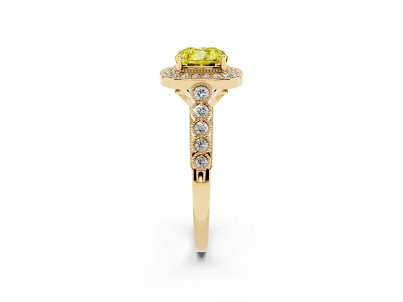 Cushion Cut Graduated Milgrain Halo Engagement Ring Setting for a Fancy Yellow Lab-Grown Diamond | Yellow Gold