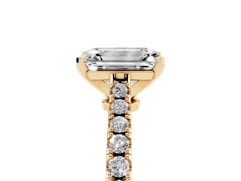 Emerald Cut Pavé Solitaire Engagement Ring Setting | Single Row Shoulders | Yellow Gold