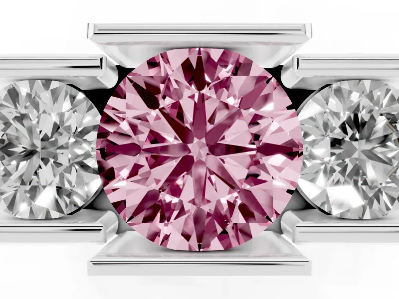 Fancy Pink Round Cut Diamond Three-Stone Channel Set Ring Set in Platinum with Smooth Polished Band