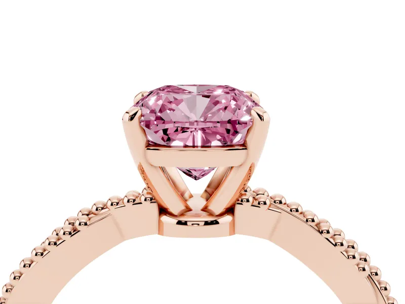 Fancy Pink Cushion Cut Diamond Solitaire Ring Set in Rose gold with Twisted Band and Bead Prong Setting