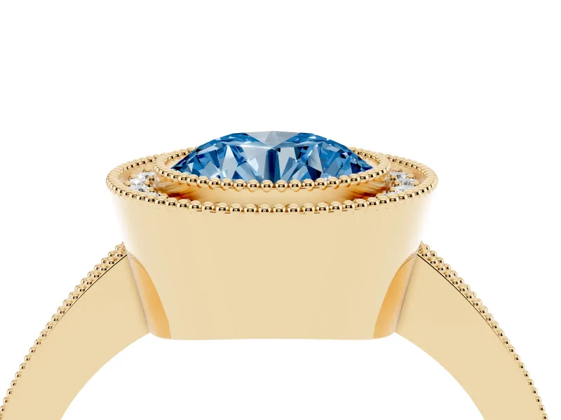Fancy Blue Round Cut Diamond Halo Engagement Ring Set in Yellow gold with Pavé Band and Round Halo Stones
