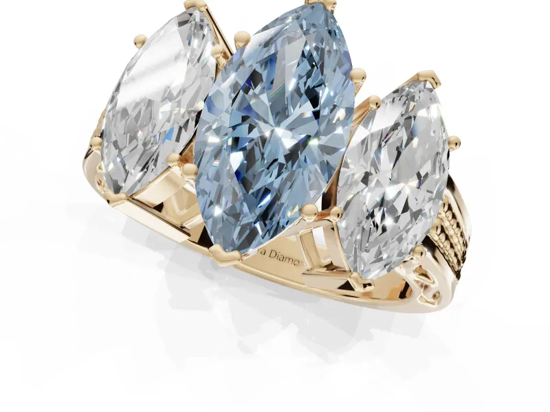 Marquise Three Stone Engagement Ring Setting for a Fancy Blue Lab-Grown Diamond | Beaded Shoulders | Yellow Gold