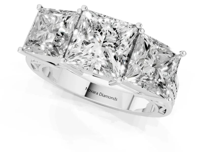 Princess Cut Three Stone Engagement Ring Setting | Beaded Shoulders | Platinum