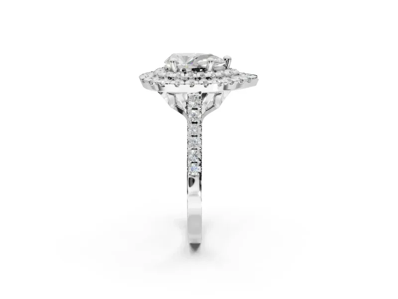 Pear-Shaped Lab-Grown Diamond Double Halo Statement Ring Set in Platinum with Pavé Band