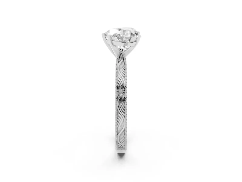 Heart Cut Diamond Solitaire Milgrain Engraved Band Set in Platinum with Prong Setting