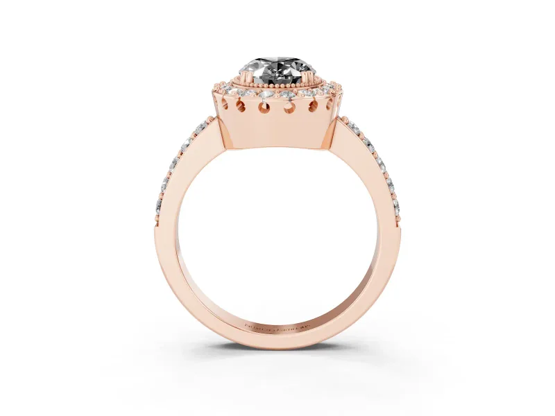 Fancy Black Oval Cut Diamond Halo Ring Set in Rose gold with Pavé Shank and Prong Setting