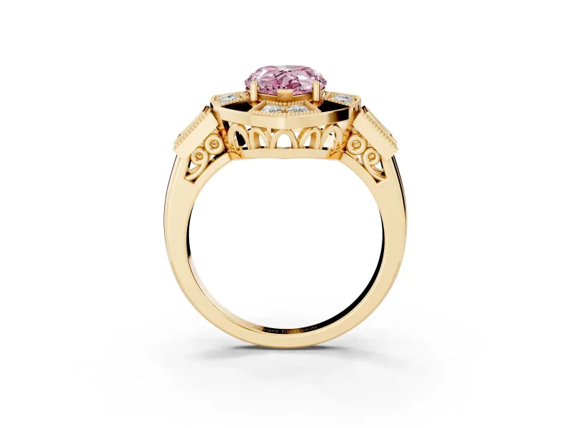 Fancy Pink Pear Cut Diamond Milgrain Halo Ring Set in Yellow gold with Split Shank
