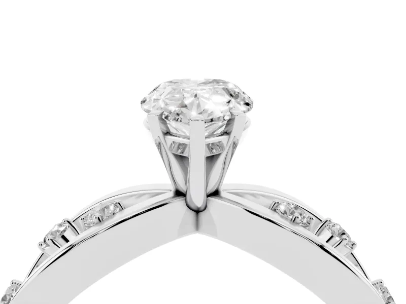 Pear Cut Diamond Solitaire Ring Set in White gold with Side Stones on Criss-Cross Band and Prong Setting