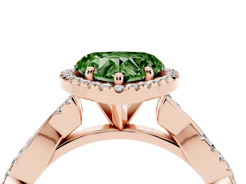 Fancy Green Heart Cut Diamond Halo Twisted Band Ring Set in Rose gold with Prong Setting