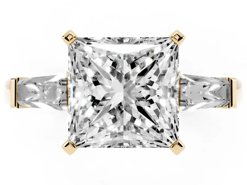 Princess Cut Diamond Solitaire Ring Set in Yellow gold with Tapered Baguette Side Stones and Prong Setting