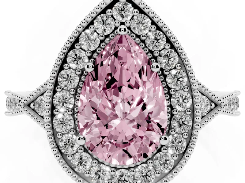 Pear-Shaped Milgrain Halo Engagement Ring Setting for a Fancy Pink Lab-Grown Diamond | Graduated Pavé | Platinum