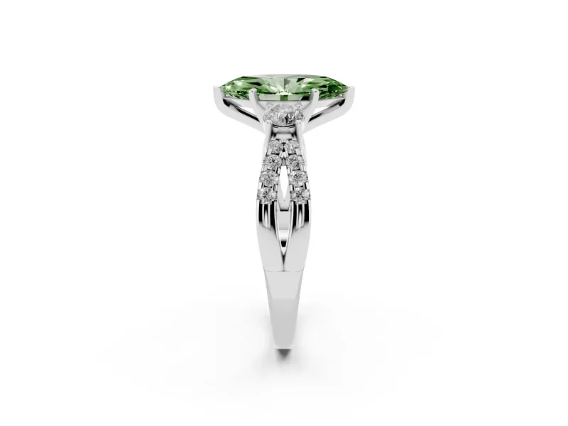 Fancy Green Marquise Cut Diamond Three-Stone Ring Set in Silver with Pavé Split Shank and Prong Setting