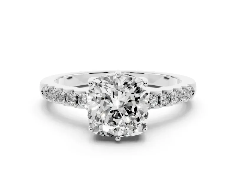 Cushion Cut Diamond Solitaire Engagement Ring Set in Platinum with Pavé Band and Prong Setting