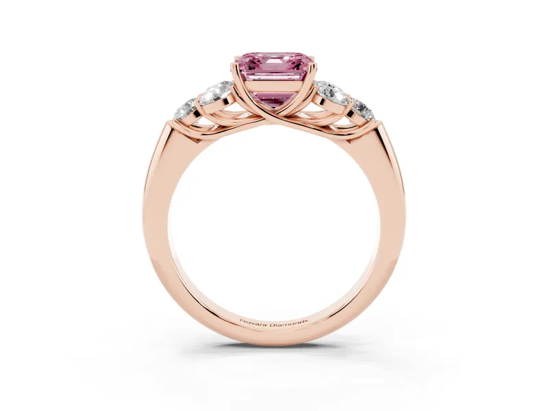 Fancy Pink Asscher Cut Diamond Cluster Ring Set in Rose gold with Round Accent Stones and Prong Setting on a Plain Band
