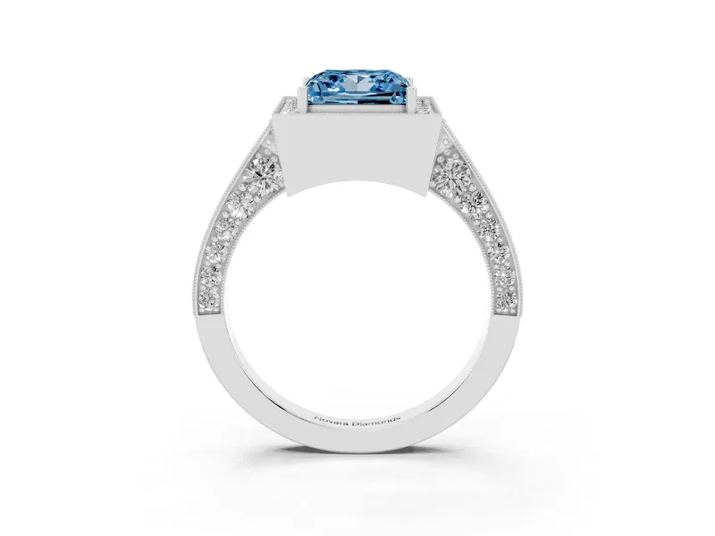 Princess Cut Milgrain Halo Engagement Ring Setting for a Fancy Blue Lab-Grown Diamond | Side Stones | Platinum