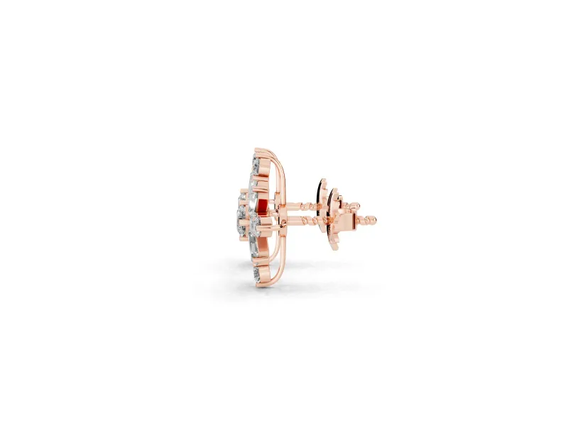 Round Lab-Grown Diamond Snowflake Cluster Stud Earrings | Tapered Baguette Points | Rose Gold