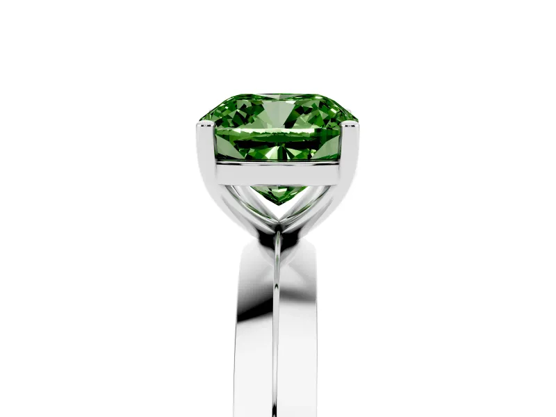 Fancy Green Cushion Cut Diamond Solitaire Engagement Ring Set in Silver with Flat Band and Prong Setting