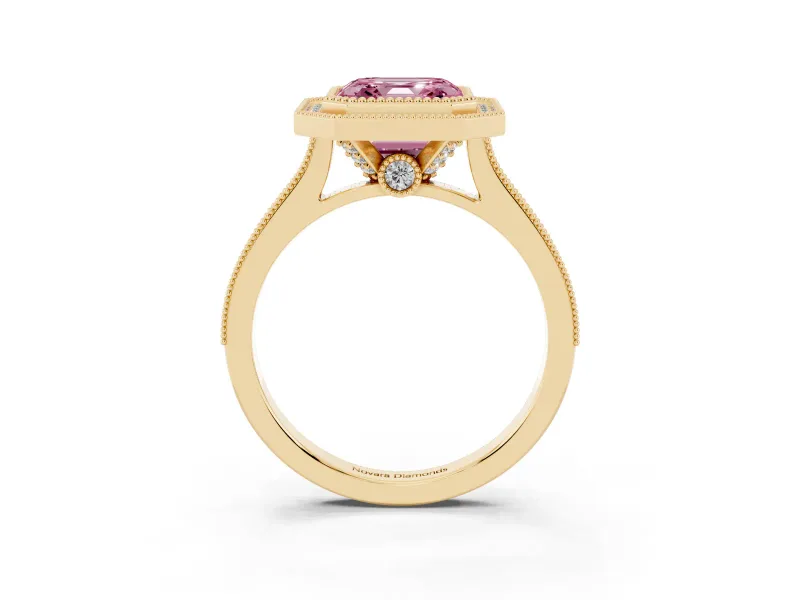 Asscher Cut Vintage Milgrain Halo Engagement Ring Setting for a Fancy Pink Lab-Grown Diamond | Bezel Head | Yellow Gold