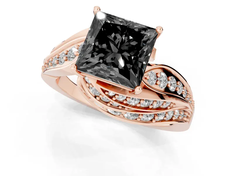 Princess Cut Bypass Pavé Engagement Ring Setting for a Black Center | Graduated Pavé | Rose Gold