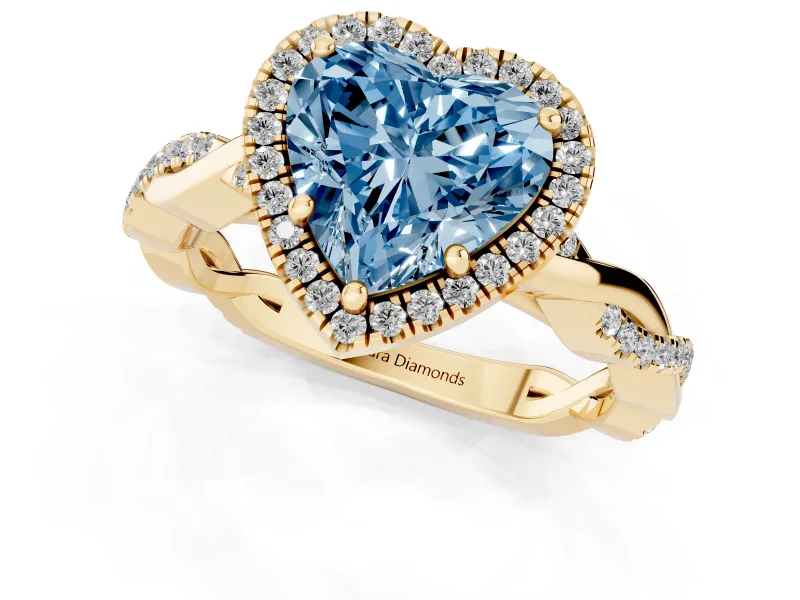 Fancy Blue Heart Cut Diamond Halo Twisted Band Ring Set in Yellow gold with Prong Setting