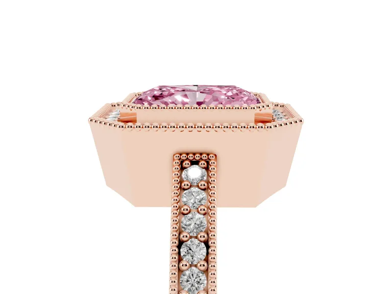 Radiant Cut Milgrain Halo Engagement Ring Setting for a Fancy Pink Lab-Grown Diamond | Pave Band | Rose Gold