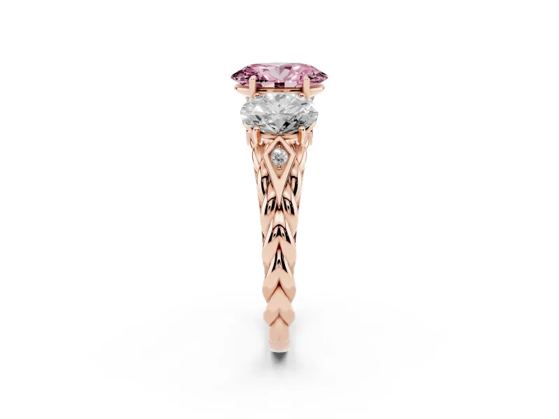 Fancy Pink Oval Cut Diamond Three-Stone Ring Set in Rose gold with Braided Band