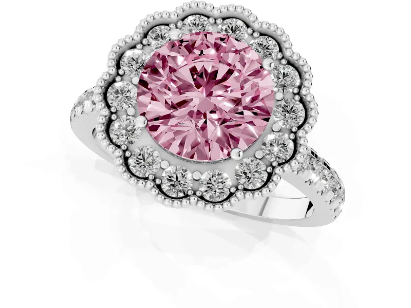 Fancy Pink Round Cut Diamond Milgrain Floral Halo Engagement Ring Set in White gold with Pavé Band