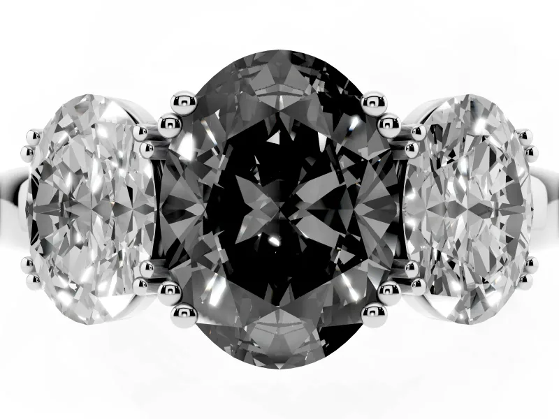 Fancy Black Oval Cut Diamond Three-Stone Ring Set in Platinum with Polished Band and Prong Setting