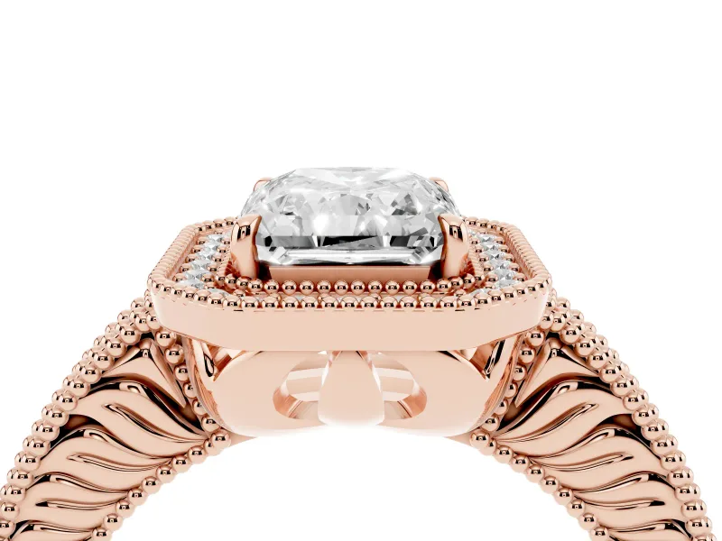 Radiant Cut Diamond Halo Ring Set in Rose gold with Round Accent Halo, Pavé Band and Prong Setting