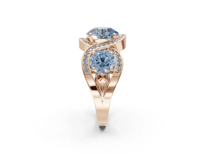 Round Three Stone Halo Engagement Ring Setting for a Fancy Blue Lab-Grown Diamond | Pavé Wave Band | Rose Gold