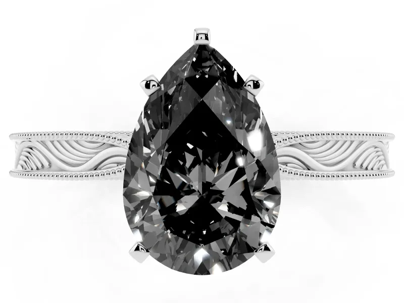 Fancy Black Pear Cut Diamond Solitaire Milgrain Engraved Band Set in Silver with Prong Setting