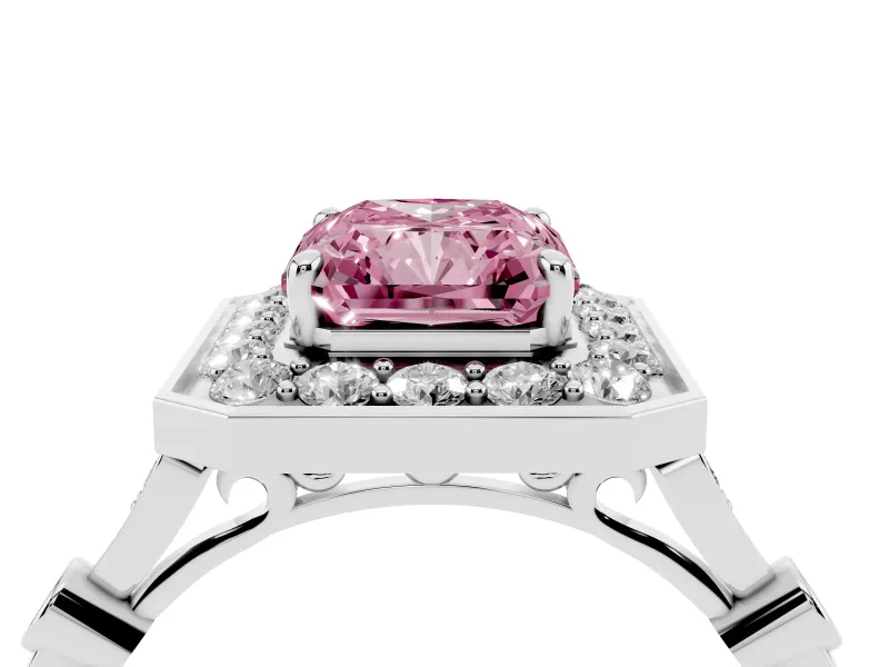 Radiant Cut Vintage Halo Engagement Ring Setting for a Fancy Pink Lab-Grown Diamond | Bezel Station Shoulders | Platinum