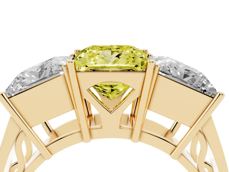 Princess Cut Three Stone Engagement Ring Setting for a Fancy Yellow Lab-Grown Diamond | Beaded Shoulders | Yellow Gold