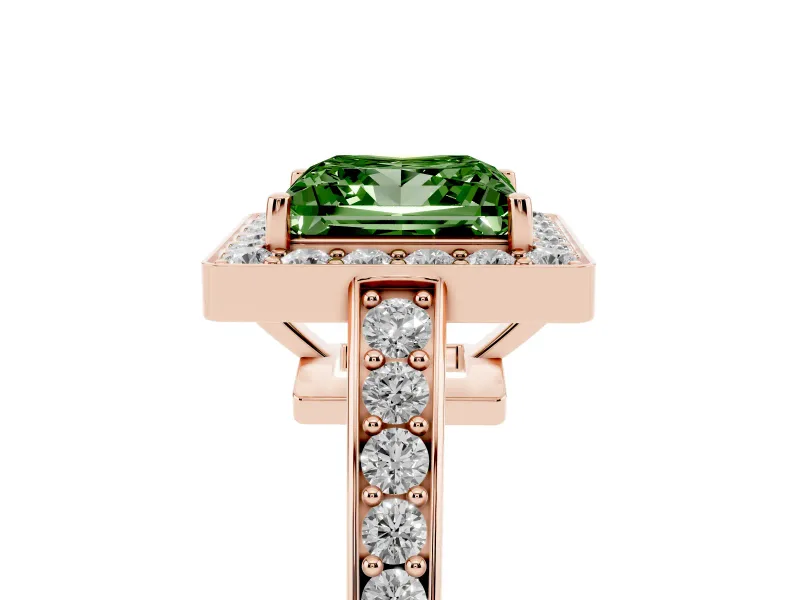 Fancy Green Princess Cut Diamond Halo Pavé Engagement Ring Set in Rose gold with Bezel Setting
