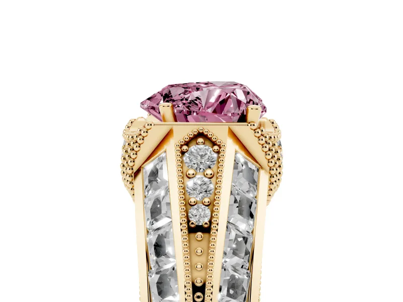 Fancy Pink Heart Cut Diamond Vintage-Inspired Milgrain Ring Set in Yellow gold with Accent Split Shank