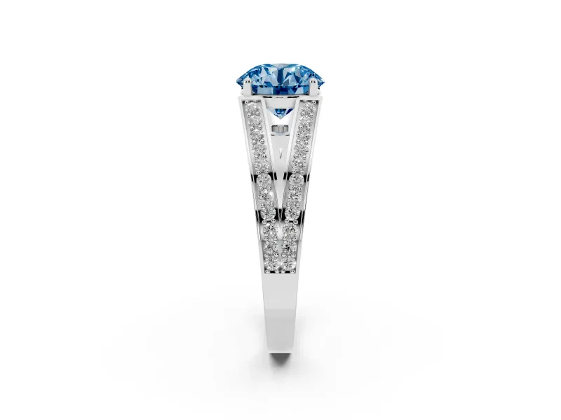 Fancy Blue Round Cut Diamond Split Shank Ring Set in White gold with Pavé Band and Prong Setting