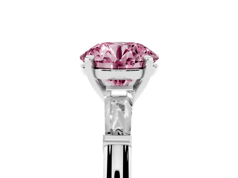 Fancy Pink Round Cut Diamond Solitaire Ring Set in Silver with Tapered Baguette Side Stones and Prong Setting