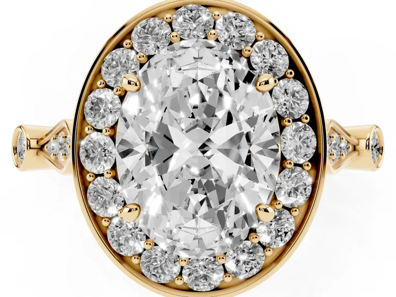 Oval Vintage Halo Engagement Ring Setting | Bezel Station Shoulders | Yellow Gold