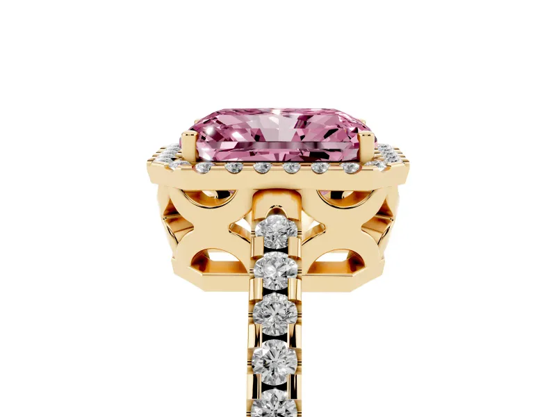 Radiant Cut Pave Halo Engagement Ring Setting for a Fancy Pink Lab-Grown Diamond | Yellow Gold
