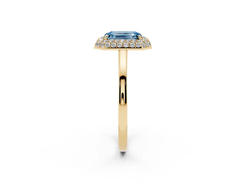 Fancy Blue Emerald Cut Diamond Halo Engagement Ring Set in Yellow gold with Solitaire Band and Prong Setting