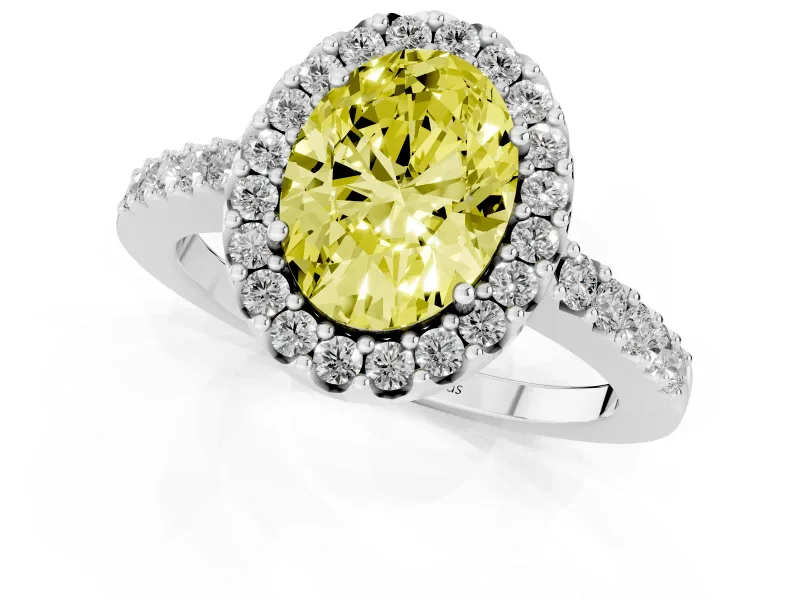 Fancy Yellow Oval Cut Diamond Halo Pavé Solitaire Ring Set in Platinum with Prong-Set Center Stone