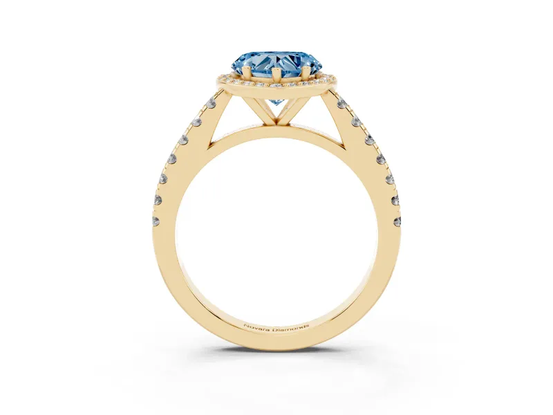 Fancy Blue Heart Cut Diamond Halo Engagement Ring Set in Yellow gold with Pavé Band and Prong Setting