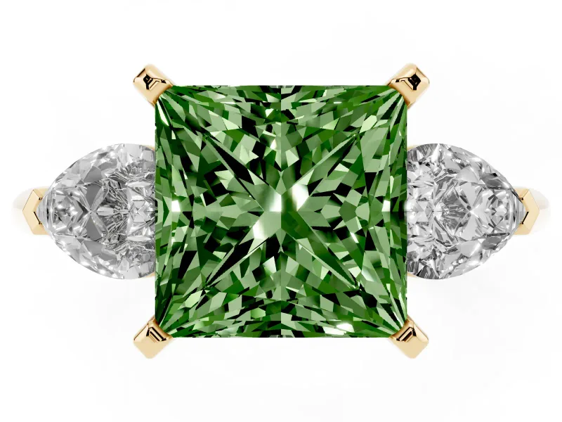 Fancy Green Three-Stone Princess Cut Diamond Ring Set in Yellow gold with Pear Side Stones and Prong Setting
