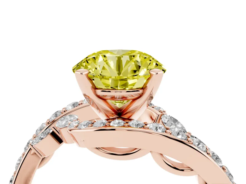Fancy Yellow Round Cut Diamond Solitaire Ring Set in Rose gold with Pavé Twist Band and Secure Prong Setting