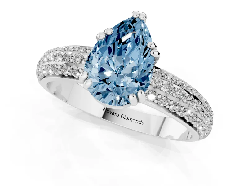 Pear-Shaped Three Row Pave Engagement Ring Setting for a Fancy Blue Lab-Grown Diamond | White Gold